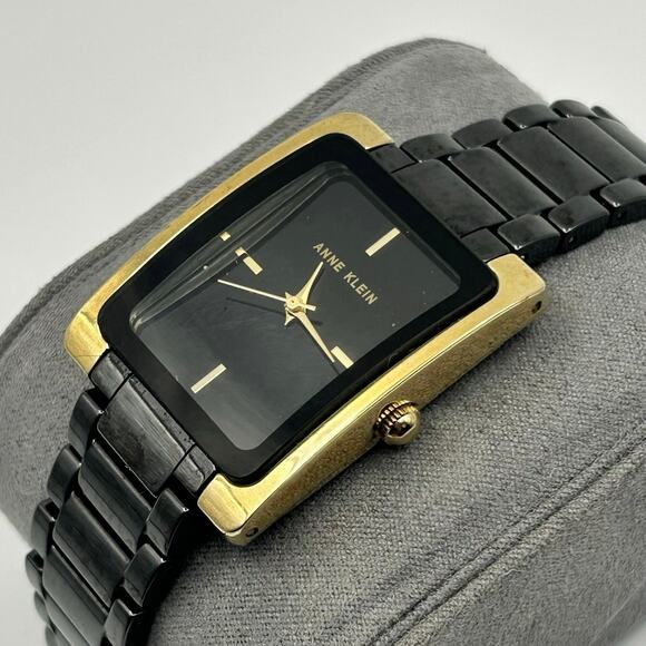 Anne Klein Rectangular Gold-tone Case Black Band Watch Working New Battery main image 4